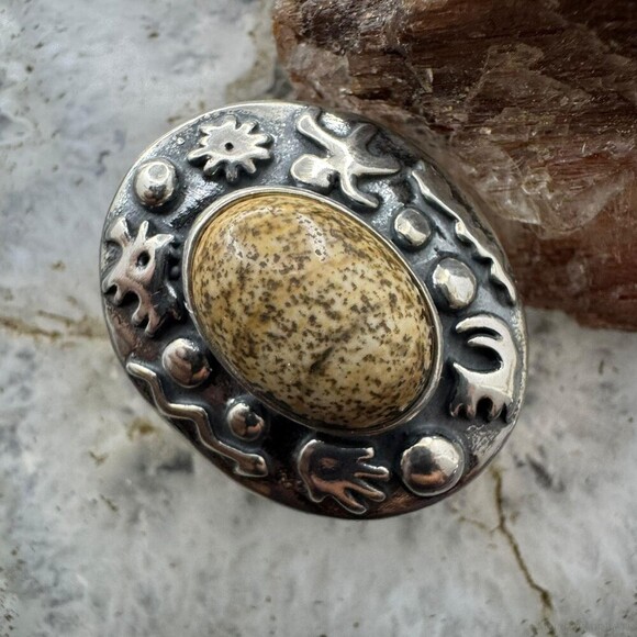 Carolyn Pollack Sterling Silver Oval Picture Jasper Petroglyph Ring For Women - Picture 1 of 10